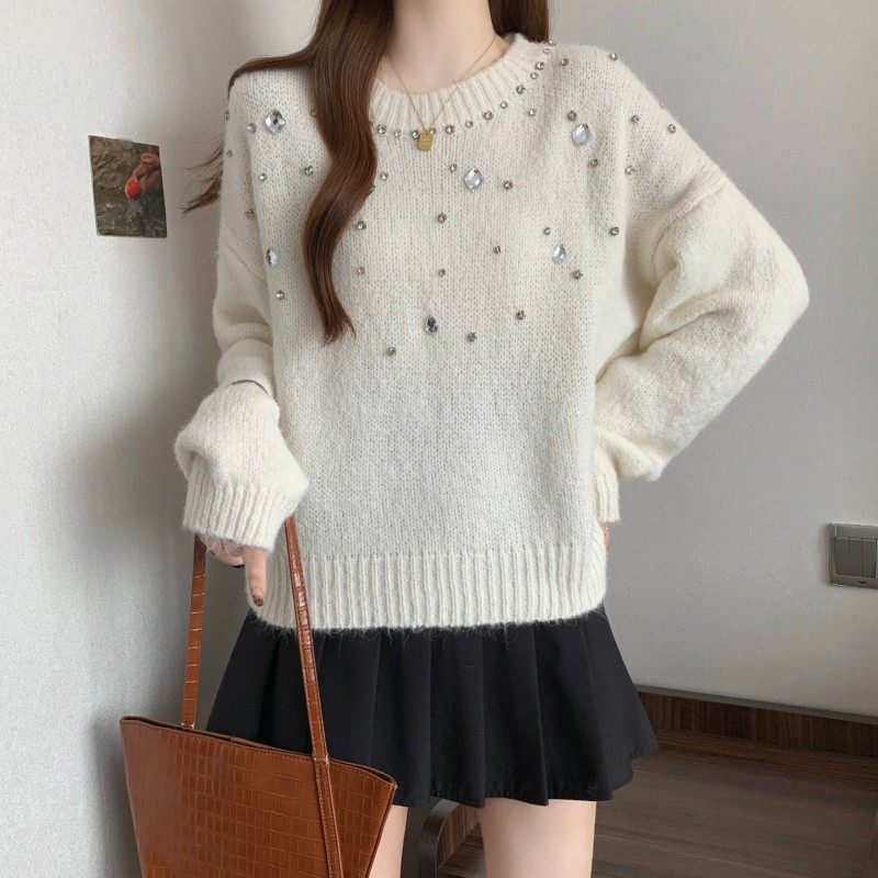 大码女装2025秋冬新款时尚百搭圆领套头法式重工钉钻长袖上衣毛衣,淘宝优惠券,粉丝福利购,淘宝优惠卷