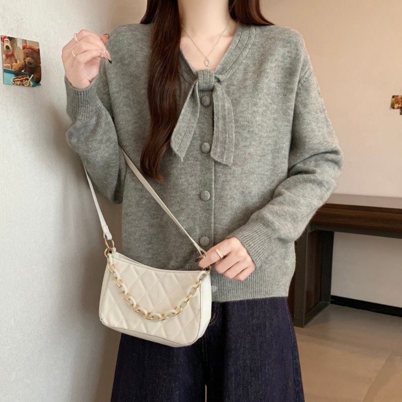 大码女装2025秋冬新款胖MM法式气质蝴蝶结领正肩长袖开衫上衣毛衣,淘宝优惠券,粉丝福利购,淘宝优惠卷