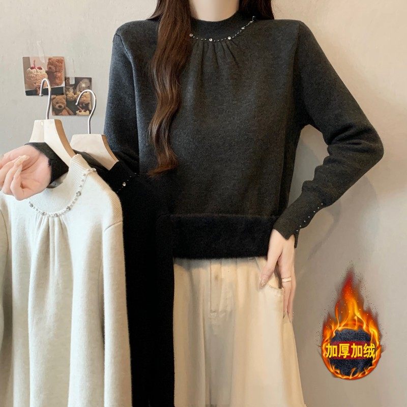大码女装2025秋冬新款中领重工钉钻加绒长袖上衣打底针织衫毛衣潮,淘宝优惠券,粉丝福利购,淘宝优惠卷