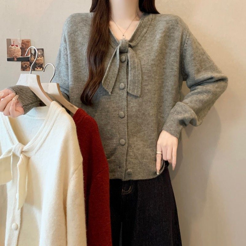 大码女装2025秋冬新款胖MM法式气质蝴蝶结领正肩长袖开衫上衣毛衣,淘宝优惠券,粉丝福利购,淘宝优惠卷