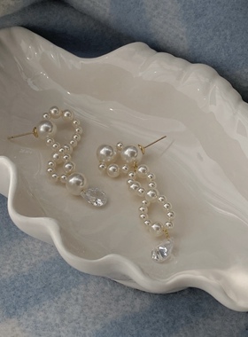 极繁主义中古珍珠不对称水滴耳环