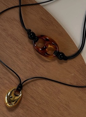 金豆子金属黑绳长款项链女简约高级气质百搭猪鼻子毛衣链适合叠戴