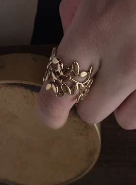 上新9折 法式复古橄榄叶戒指女小众设计感食指戒开口指环可调节