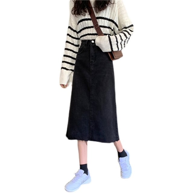 Plus size retro style raw edge high waist slimming midi skirt