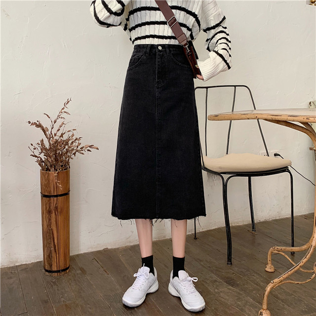 Plus size retro style raw edge high waist slimming midi skirt