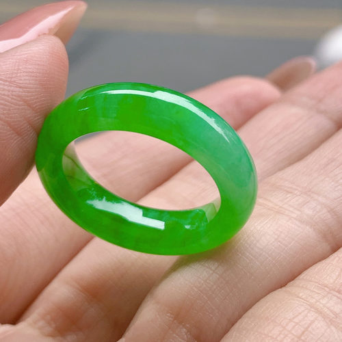 天然缅甸老坑翡翠冰种飘绿满阳绿辣绿满绿色玉石戒指指环戒圈扳指 - 图0