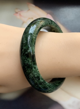 F12天然岫玉501墨绿色玉石手镯百搭民族风老花青老花青条手镯