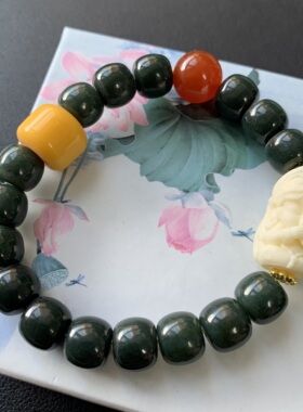 天然和田玉老型珠手链搭配扎基拉姆 玛瑙老琉璃 尺寸约10.3*8.5mm