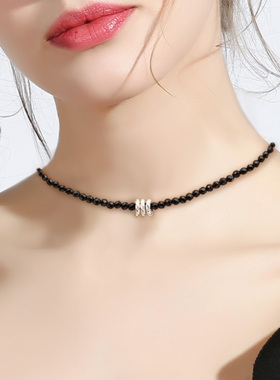 简约百搭天然黑玛瑙锁骨链摘取轻松磁铁扣银环短项链定制情侣信物