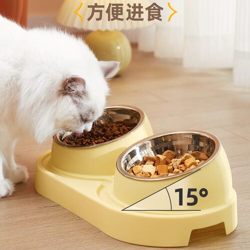 猫碗狗碗狗食盆双碗猫咪不锈钢水碗斜口防打翻饭碗猫粮碗宠物用品 - 图0