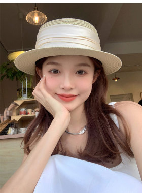 夏季遮阳防晒出游草帽女网红女士优雅气质简约短沿平顶米色小礼帽