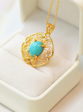 天然绿松石蓝松S925银镀金项链精致蕾丝空掐丝复古大吊坠