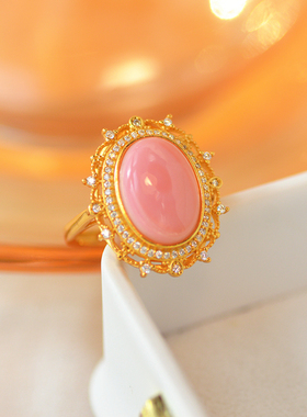 天然女王贝 胭脂螺 无优化S925银纯银蕾丝镂空面大戒指开口可调