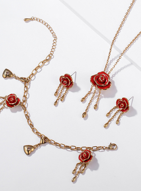 伊泰莲娜中国风玫瑰花流苏项链女高级感设计感红色喜庆风锁骨链