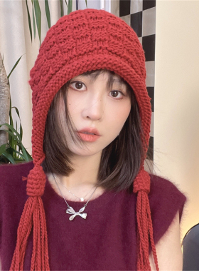 秋冬新款针织帽子女保暖护耳可爱包头帽手工针织流苏毛线帽