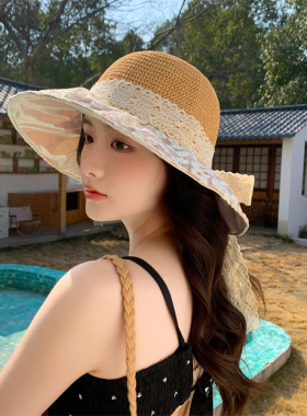 夏季蝴蝶结渔夫帽子女款2025新款大帽檐遮阳防晒帽韩版海边沙滩帽