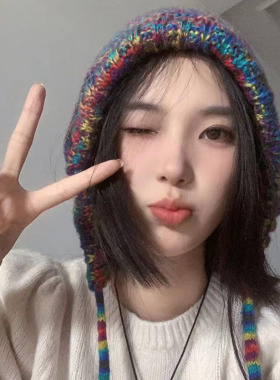 秋冬新款甜美彩虹帽子女款保暖针织帽绑带护耳套头帽毛线帽包头帽