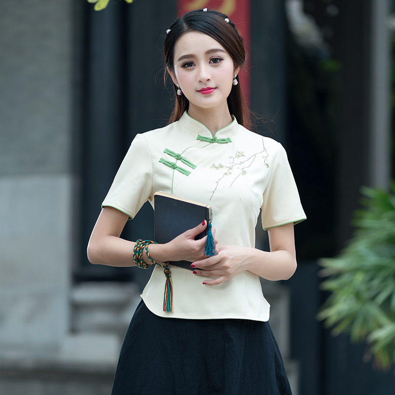 民族风女装复古立领盘扣绣花短款旗袍式上衣棉