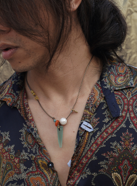 南美进口限定.海地手磨玻璃鱼冰川水晶 多元素皮绳项链路塔斯曼