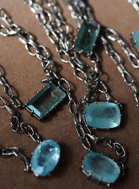 工匠系列.宝石级天然海蓝宝吊坠黑银可调节项链