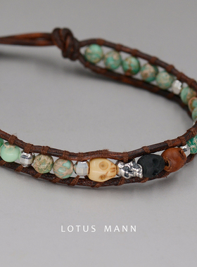 skulls.帝皇石与3种骷髅925银单圈细手链 限量