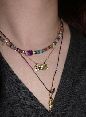 紫气东来.聚福.不规则切片天然石与紫水晶草莓晶黄水晶项链