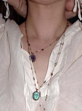 Fluorite人间七色光. 宝石级萤石与红蓝宝祖母绿编绳项链藤蔓