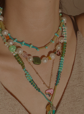 Flora.绝版琉璃古董梦幻花园油画与大颗天然珍珠项链串珠花朵