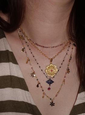 Peace 蓝宝石.香槟钻石反战925银黄铁矿编织项链