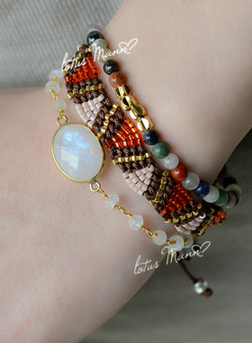 Lotus Mann橙粉波西米亚手工编织友谊手链