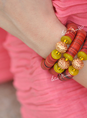 Vintage红胶唱片珠鎏金珠琉璃子