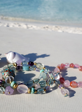 夏花.玫瑰彩色萤石紫玉髓芙蓉晶白水晶双层手链度假lotus mann