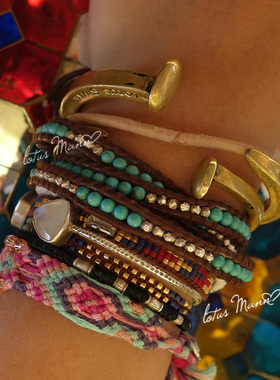 三圈天然湖北绿松石与925银珠组合3圈棕色皮绳手链Lotus Mann