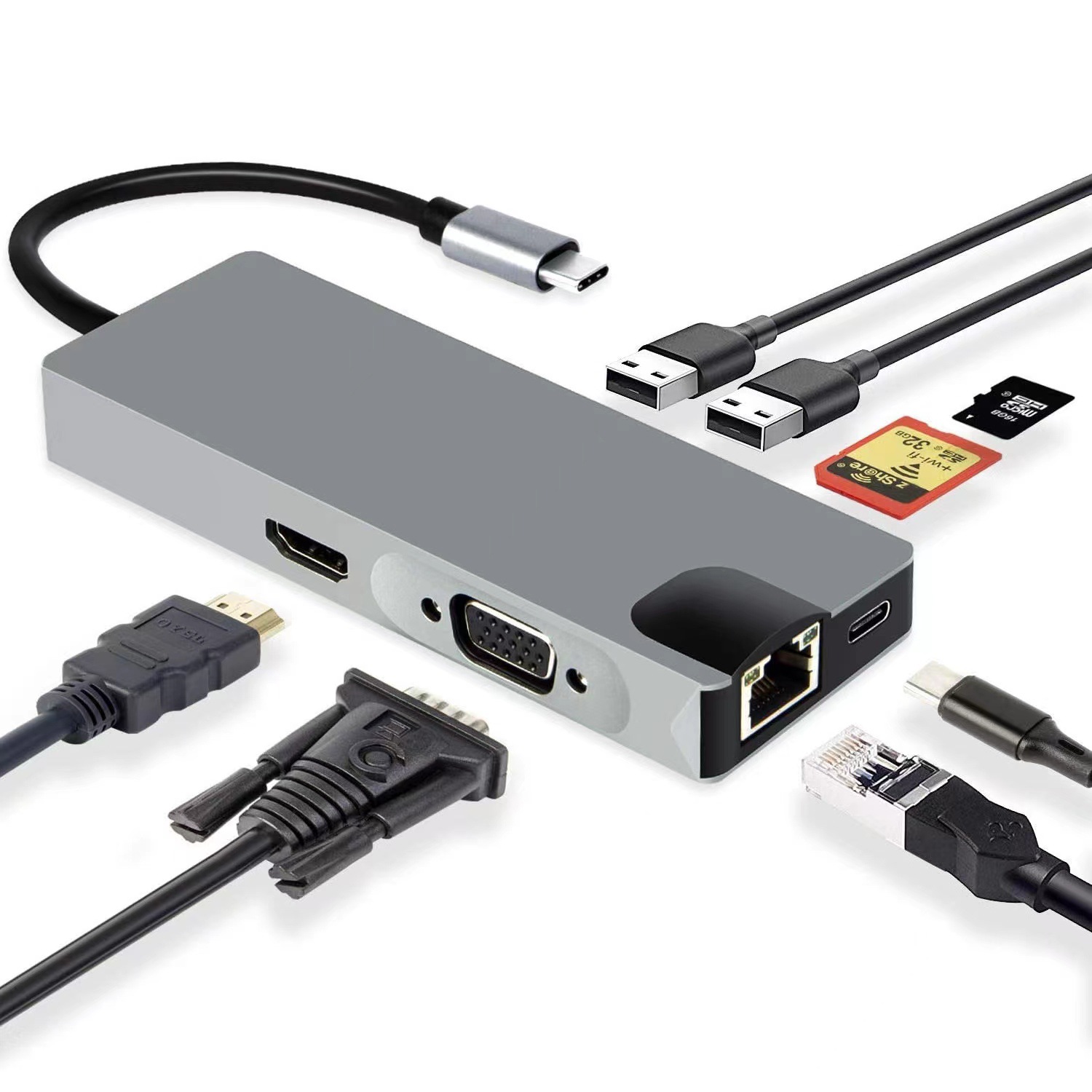 八合一扩展坞type-c转HDMI+VAG千兆RJ45+USB3.0HUB分线读卡集线器 - 图3