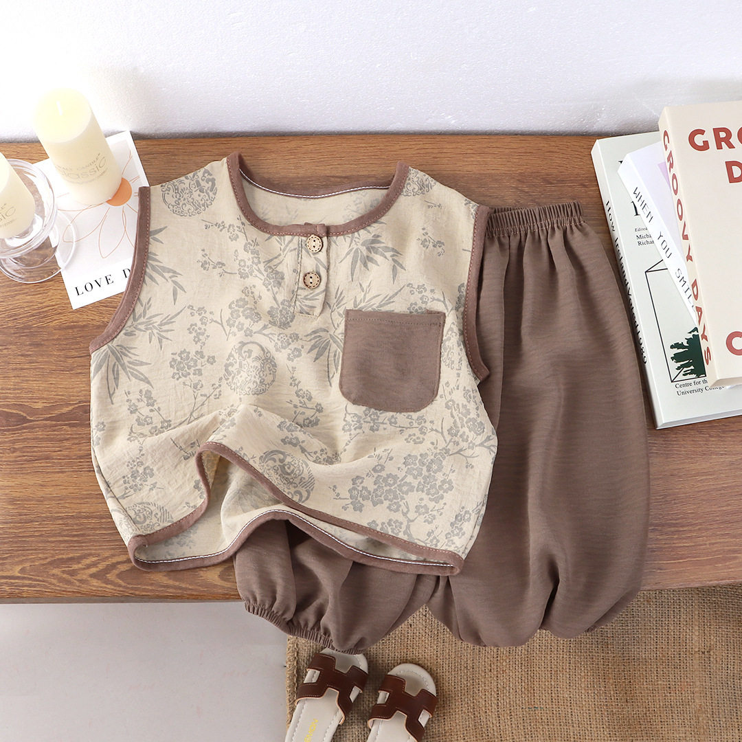 儿童新中式夏季薄款冰丝皱家居服男女宝宝洋气无袖背心束腿裤套装,淘宝优惠券,粉丝福利购,淘宝优惠卷