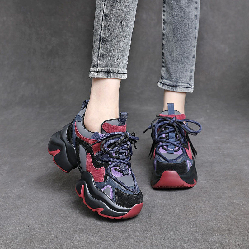 彩色老爹鞋女松糕跟厚底鞋6cm增高 圆头深口鞋系带单鞋休闲运动风,淘宝优惠券,粉丝福利购,淘宝优惠卷