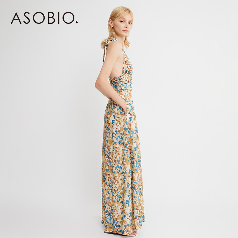 Asobio碎花无袖长裙挂脖系带连衣裙夏季亚麻垂感简约度假风137,淘宝优惠券,粉丝福利购,淘宝优惠卷