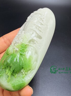 古玩杂项仿白玉翠绿色手把件小桥流水山水藏福纳祥男女款把玩件