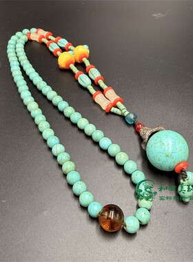 古玩杂项仿绿松石珠项链吊坠工艺品玉雕玉佩牌子挂饰配件圆珠饰品