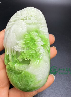 古玩杂项仿白玉翠绿色手把件小桥流水山水步步登高男女款把玩件