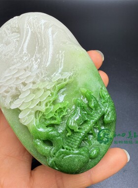 古玩杂项仿白玉翠绿俏色手把件小桥流水山水平步青云男女款把玩件