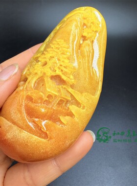 古玩杂项仿田黄寿山石手把件小桥流水山水财源绵延男女款把玩件