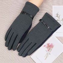 Thousand Birds Lattice Touchscreen Gloves Lady Autumn Winter Driving Riding Thickening Warm-Proof Windproof Plus Suede Points Finger Gloves