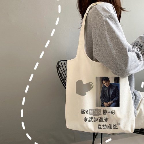 檀健次沈翊同款帆布包百搭单肩手提袋应援帆布袋女学生大容量购物 - 图1