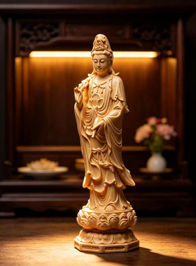 高30cm杨柳枝净瓶观音菩萨佛像实木神像摆件家居装饰桧木精雕原木