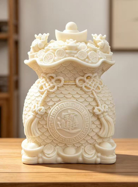 钱袋子摆件丰收鱼篮福袋象牙白创意工艺品象牙果雕刻招财玄关装饰