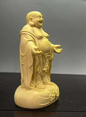 小号弥勒佛实木摆件元宝如意海纳百川拥抱张开双手喜庆人物黄杨木