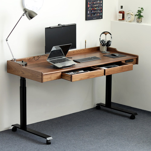 实木黑胡桃木电动升降桌电脑智能移动办公电竞樱桃木自工作台书桌 - 图0