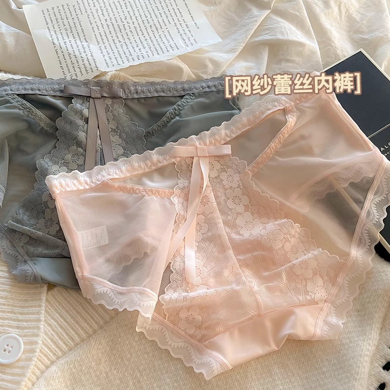 性感若隐若现~法式蕾丝纯欲内裤女士中腰网纱甜辣美臀少女三角裤 - 图2