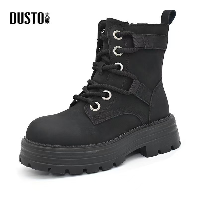 大东马丁靴女鞋2024冬季新款时尚休闲粗跟侧拉链中跟圆头 - 图0